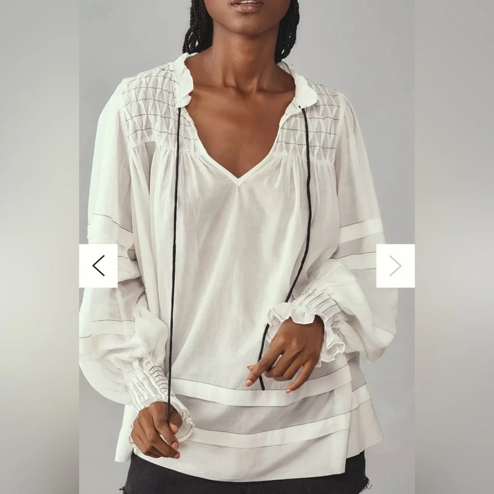 Anthropologie Long-Sleeve White Airy Babydoll smocked Blouse Sz M Boho Peasant - Picture 2 of 13